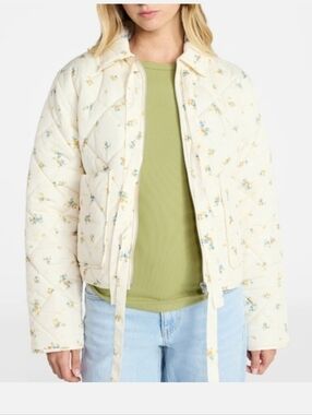 No Boundaries Floral Quilted Puffer Jacket - White with Blue & Orange Flowers
